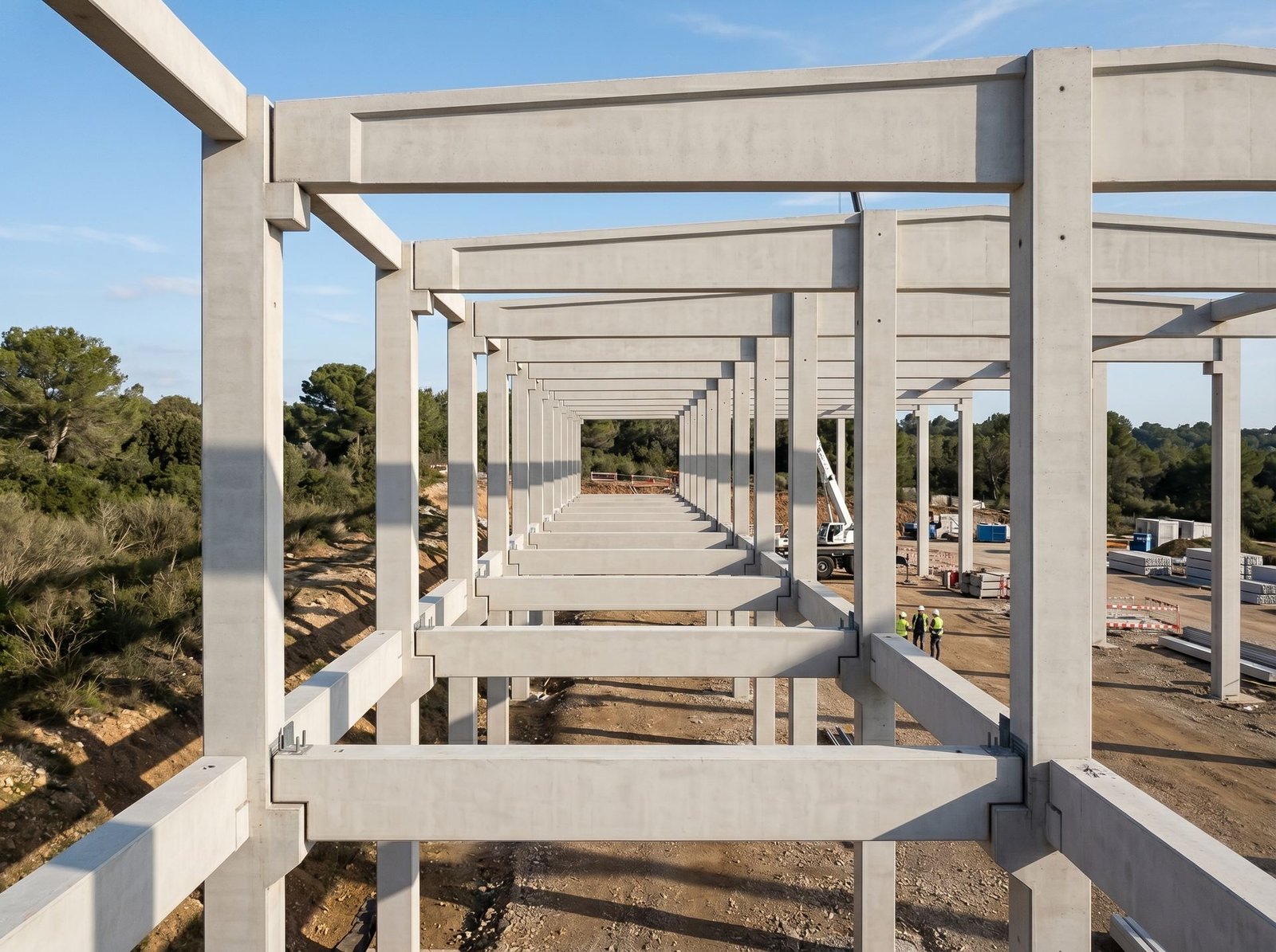 Estrutura industrial pré-moldada em montagem